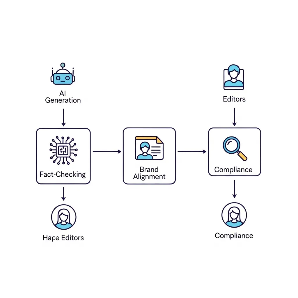 Diagram of a Human-in-the-Loop AI content workflow showing human review stages for brand integrity and compliance.
