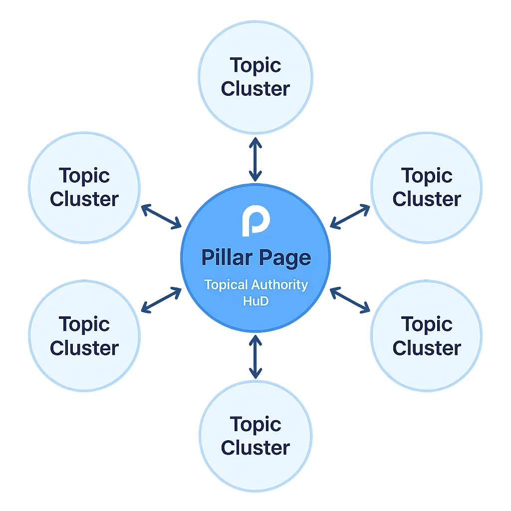 Diagram of a pillar page and topic clusters showing internal linking structure for Planik.io topical authority.
