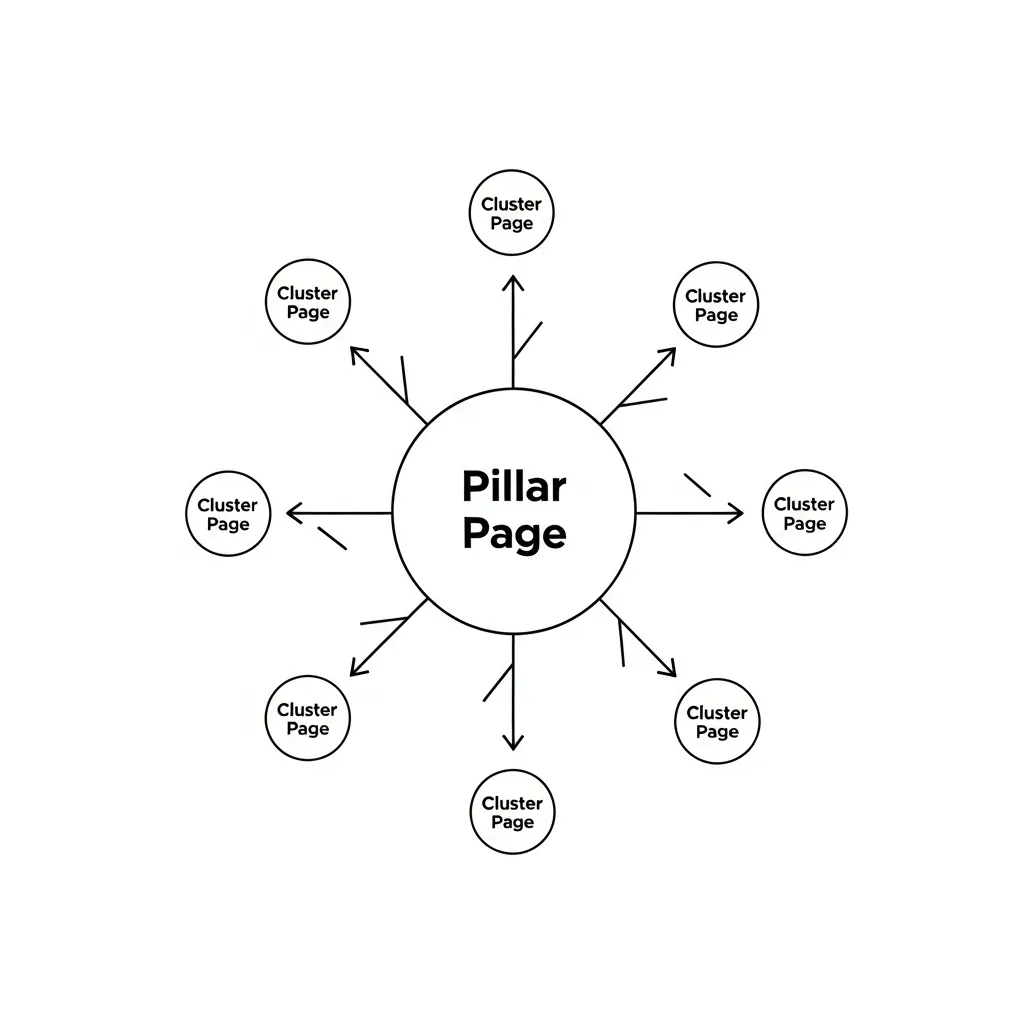 Diagram of an SEO hub-and-spoke model showing a central pillar page and surrounding content clusters.