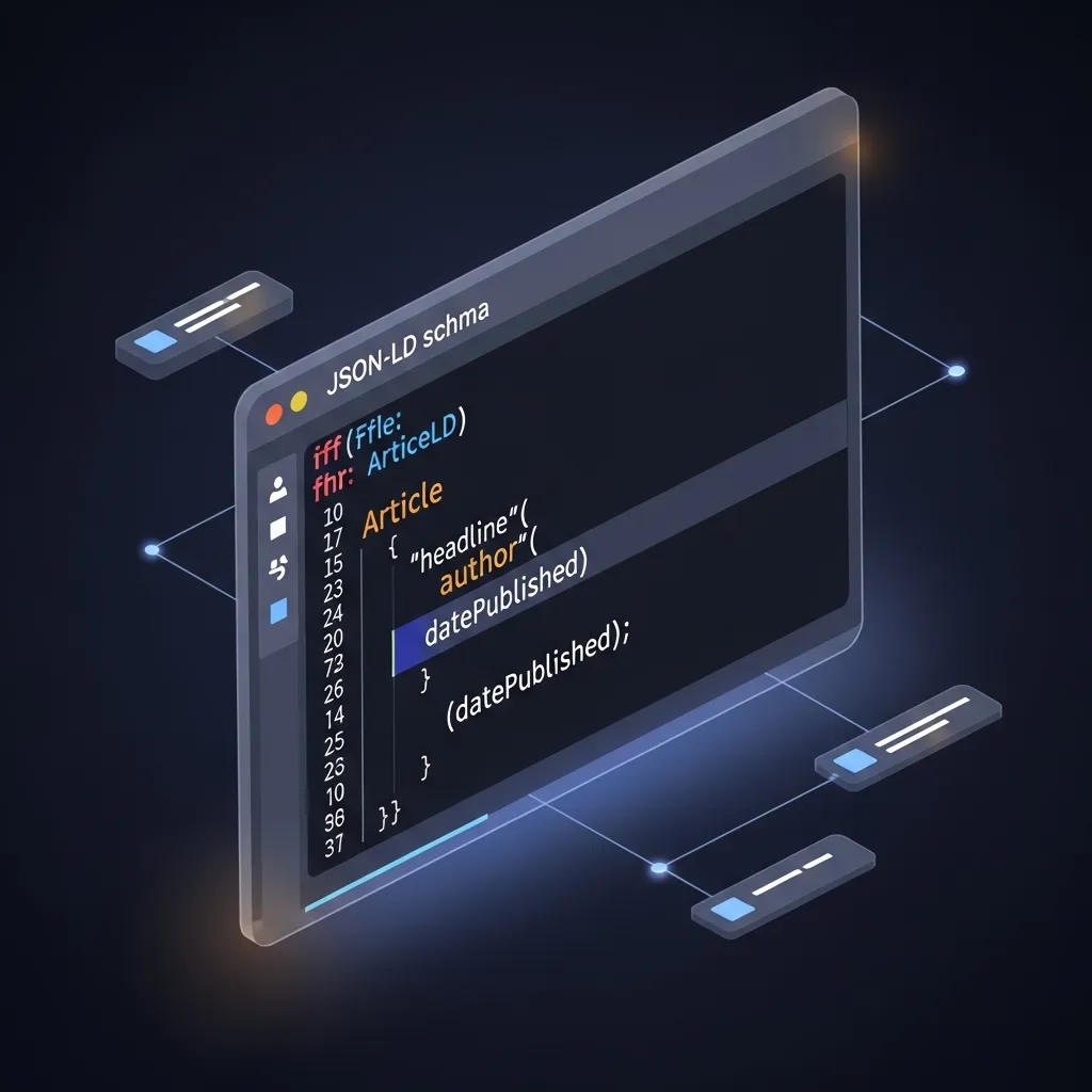 Diagram of JSON-LD Article schema code snippet showing headline, author, and datePublished for semantic SEO.