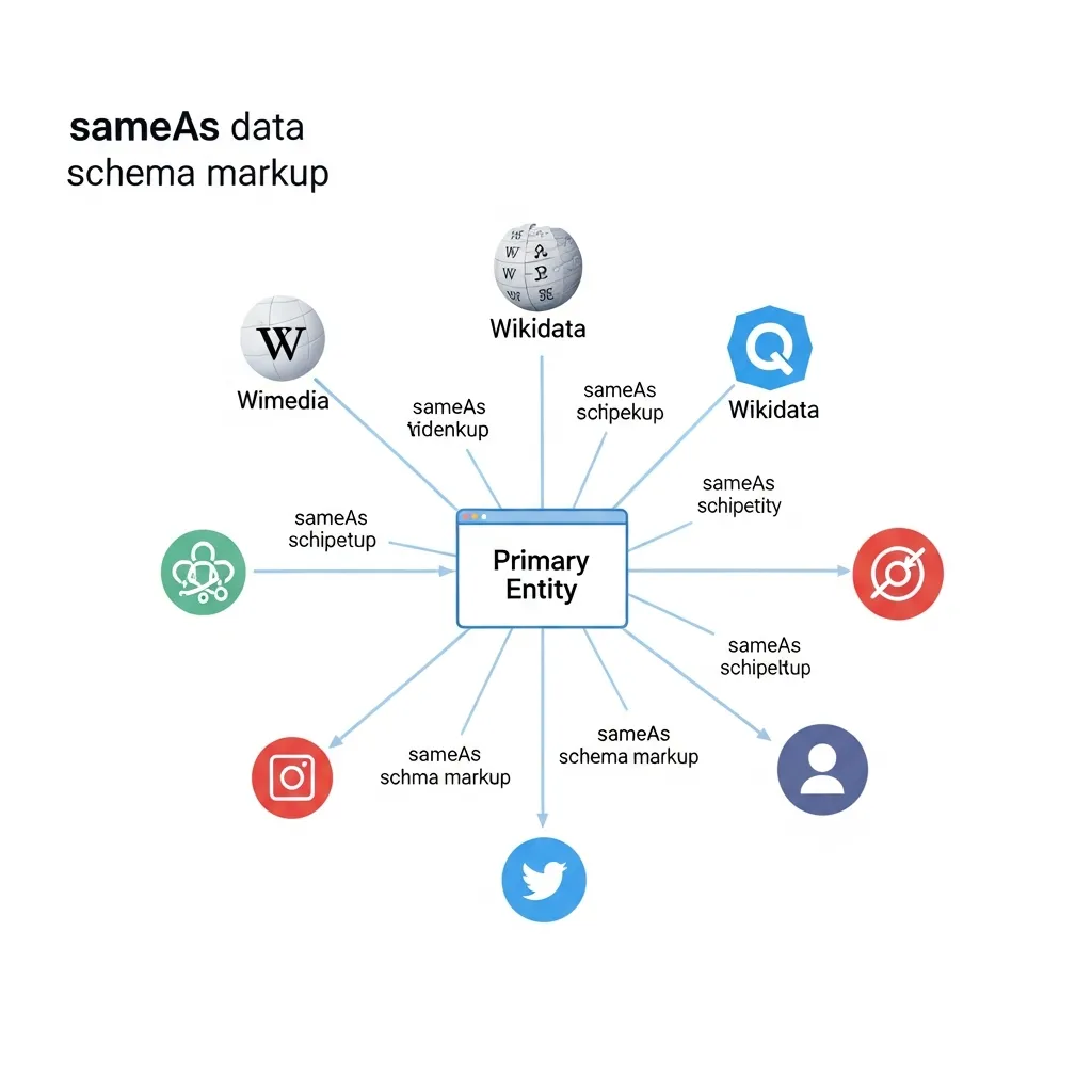 Diagram of sameAs schema connecting a website entity to external Knowledge Graph nodes for authority.