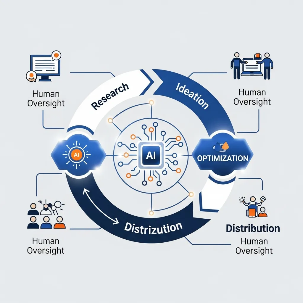 Diagram of the AI content lifecycle showing research, ideation, and distribution stages with human oversight.