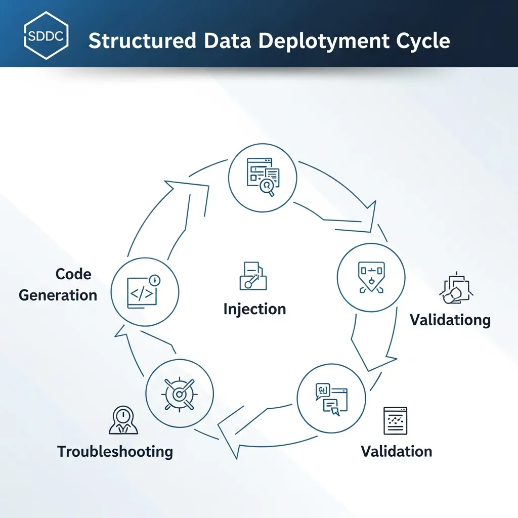 Diagram of the Structured Data Deployment Cycle showing stages from code generation to scaling for SEO.