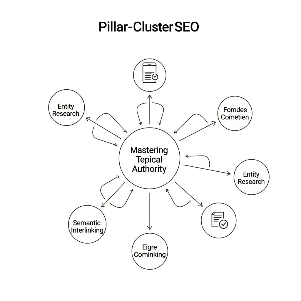 Diagram showing a central pillar page connected to supporting cluster content for topical authority SEO.