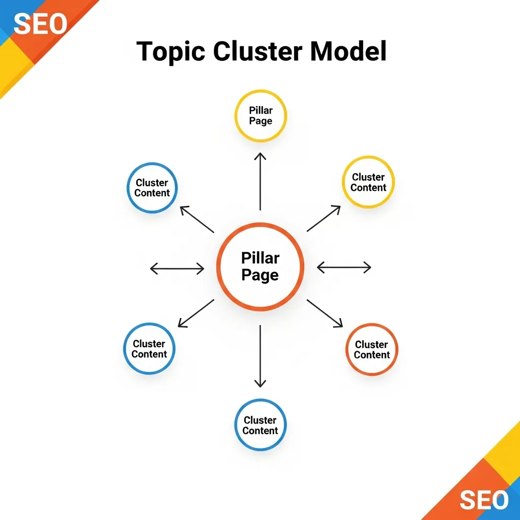 Diagram showing a central pillar page connected to multiple cluster pages for internal linking strategy