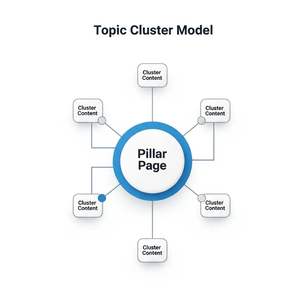 Diagram showing a central pillar page linked to multiple cluster content pages for internal SEO linking structure.