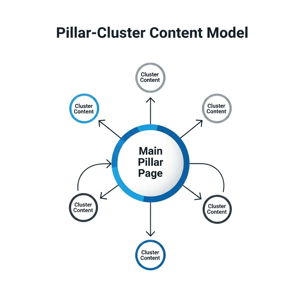 Diagram showing a central pillar page linking to multiple supporting cluster pages for semantic SEO.