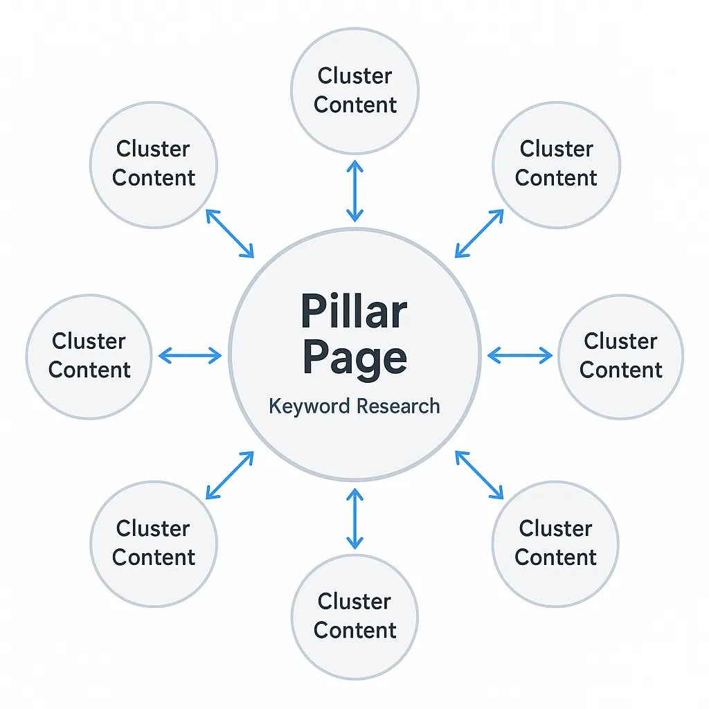 Diagram showing a central SEO pillar page connected to various related subtopic content clusters.