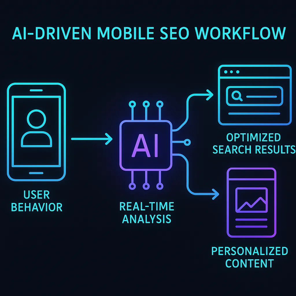 Diagram showing AI analysis of mobile user behavior to deliver personalized dynamic content for SEO.
