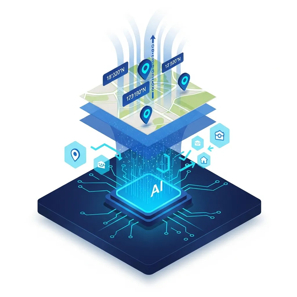 Diagram showing AI processing geospatial data to create hyper-localized insights for generative engine optimization.