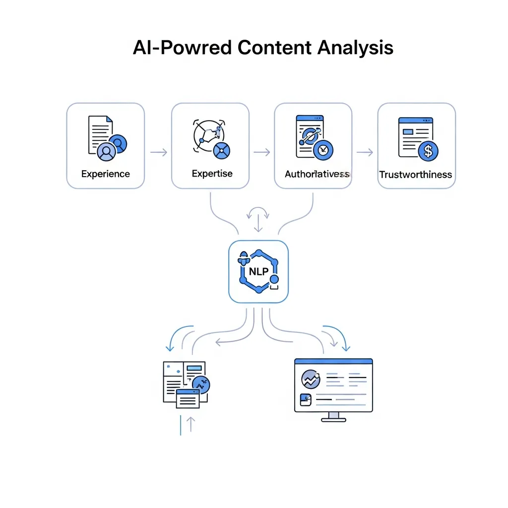 Diagram showing an AI-powered NLP workflow analyzing E-E-A-T signals for a modern SEO content audit.
