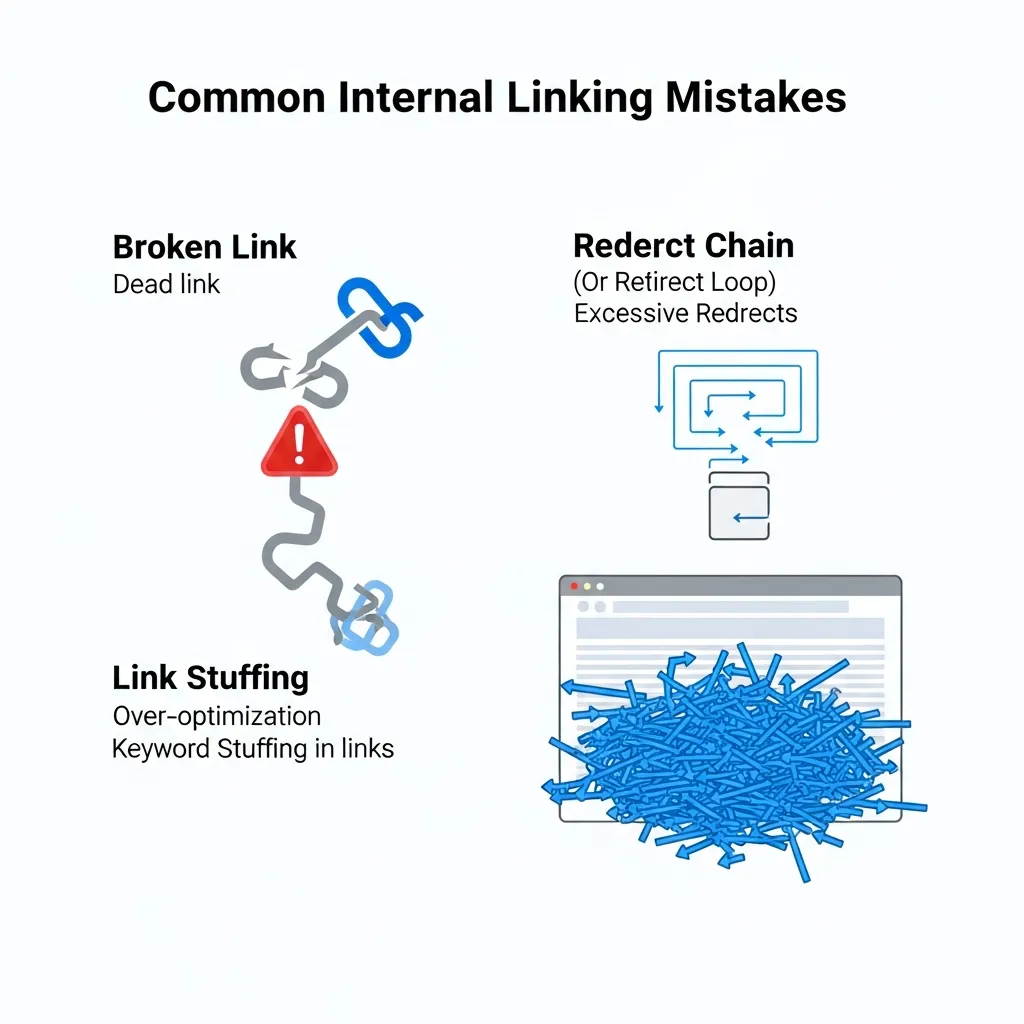 Diagram showing common internal linking pitfalls including broken links, redirect chains, and link stuffing for SEO.
