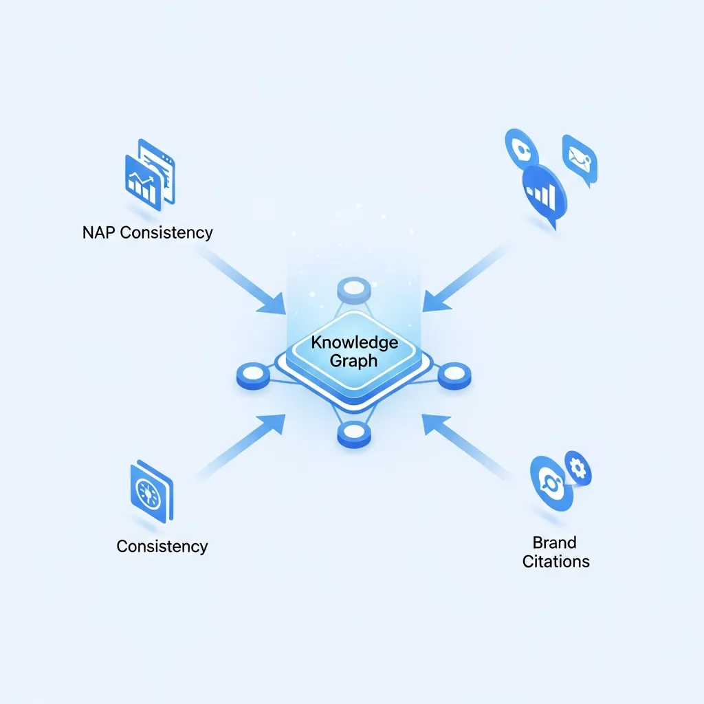 Diagram showing how consistent NAP and brand citations strengthen a business Knowledge Graph entry.