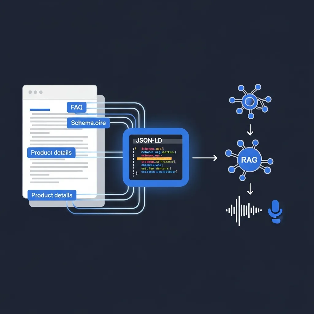 Diagram showing how Schema.org markup structures web content for voice search and conversational AI systems.