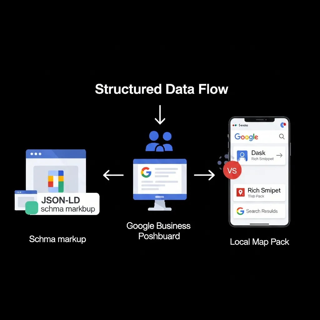 Diagram showing how website schema markup syncs with Google Business Profile to improve local search visibility.