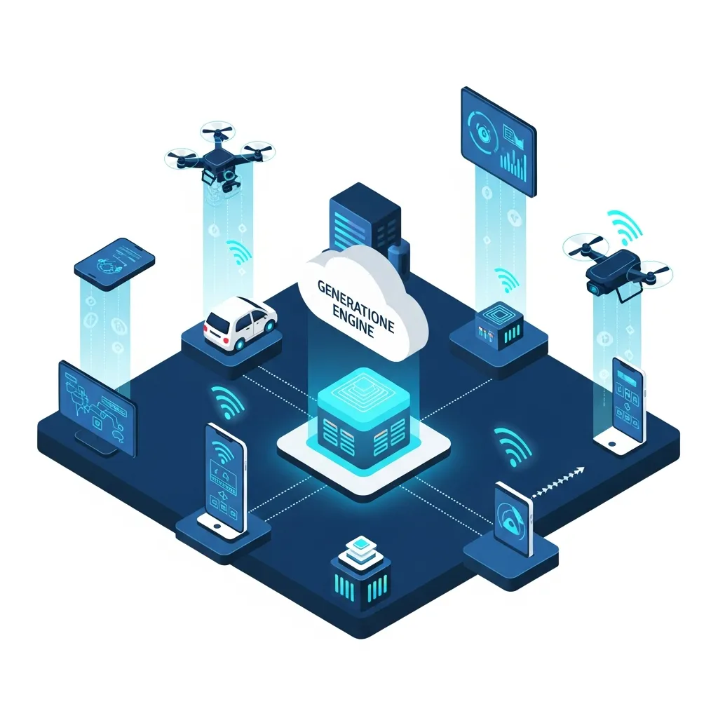 Diagram showing IoT devices feeding geospatial data into a central system for generative engine optimization.