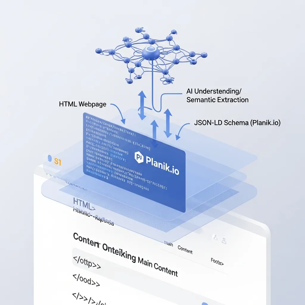 Diagram showing JSON-LD schema layering semantic data over Planik.io content for AI engine understanding.