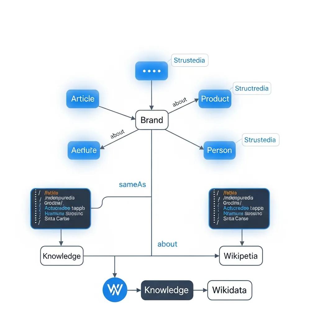 Diagram showing nested JSON-LD schema connecting website entities to external Knowledge Graph nodes for Entity SEO.