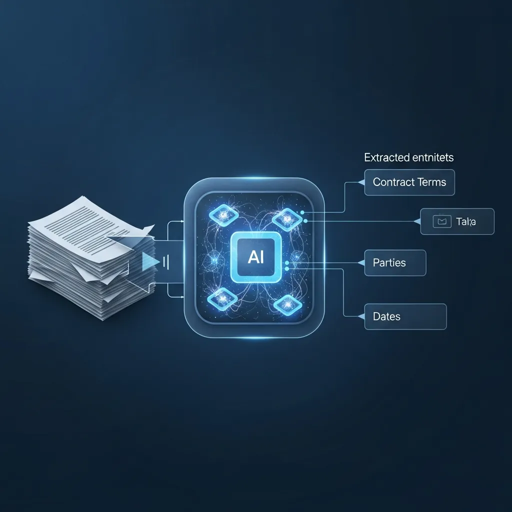 Diagram showing NLP extracting key entities and information from complex legal documents for legal reasoning.