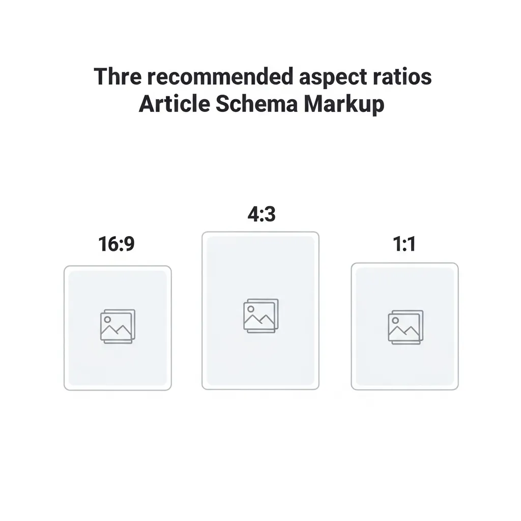 Diagram showing optimal 16:9, 4:3, and 1:1 aspect ratios for Article Schema markup image optimization.