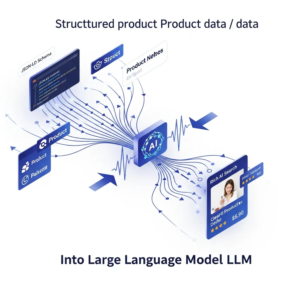 Diagram showing product schema markup feeding into an LLM to generate rich AI search engine snapshots.