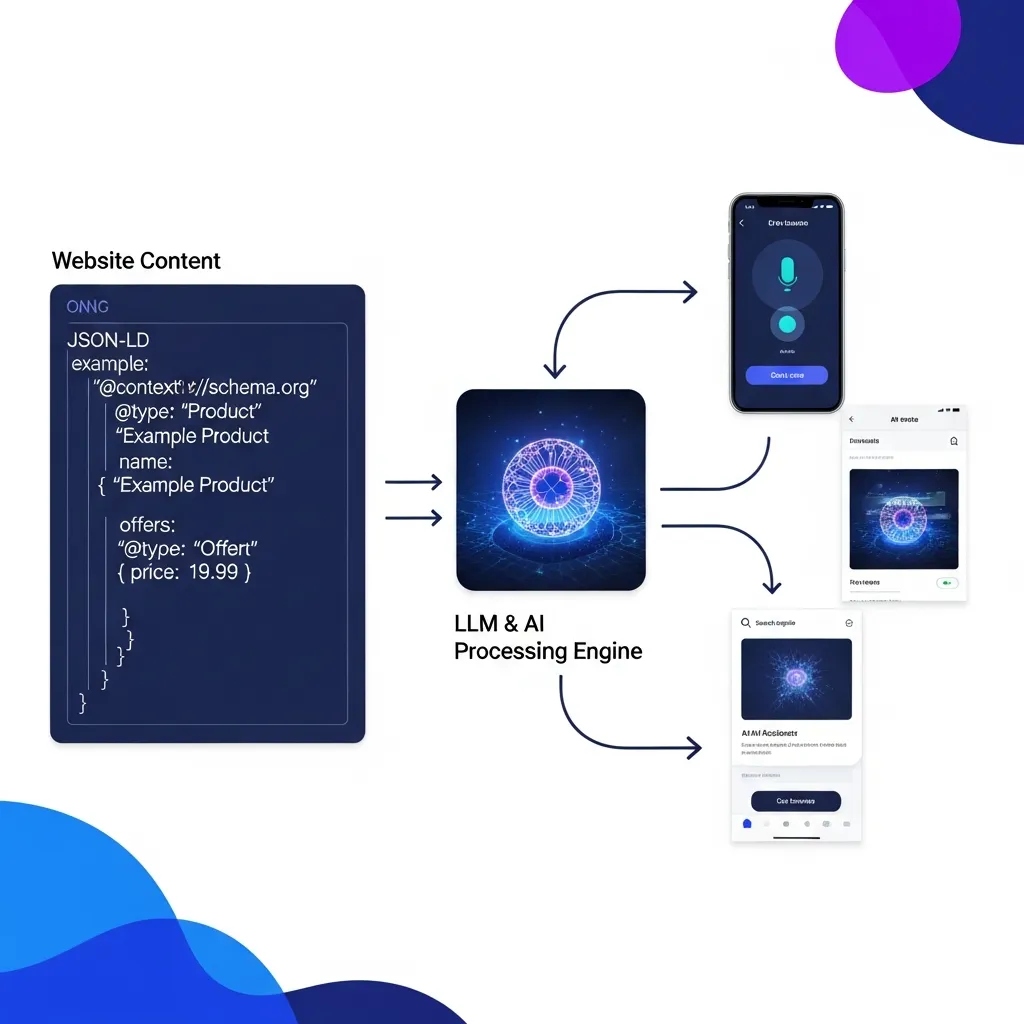 Diagram showing structured data and schema markup flowing into LLMs to power AI search and voice assistants.