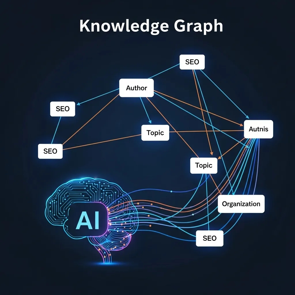 Diagram showing structured data connecting entities into a knowledge graph for generative engine optimization and AI visibility.