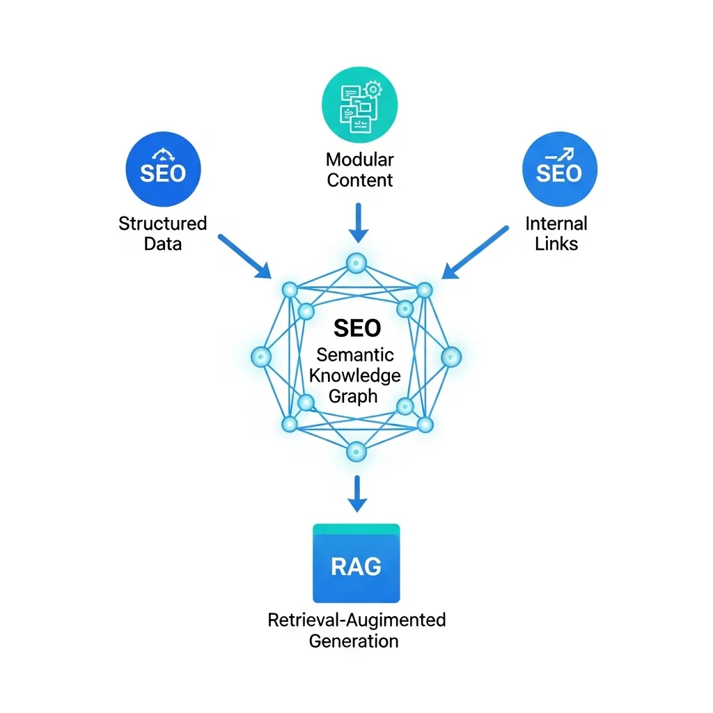 Diagram showing structured data, modular content, and internal links forming a semantic knowledge graph for SEO RAG.