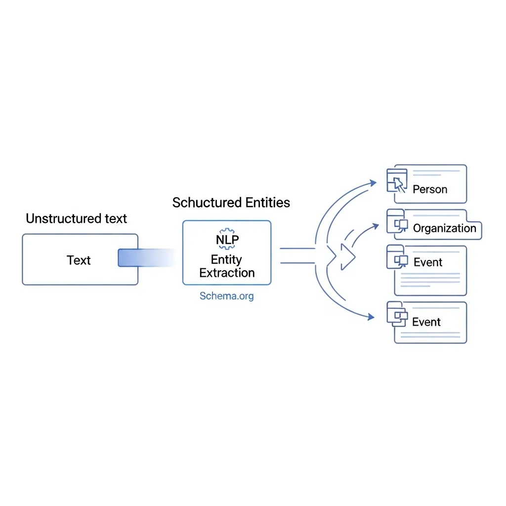 Diagram showing text input, NLP entity extraction, and classification into Schema.org types for search authority.