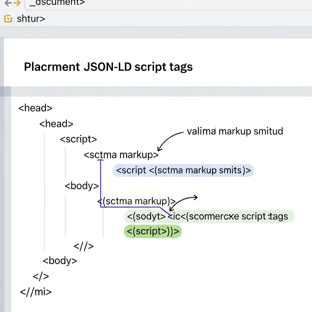 Diagram showing the correct placement of JSON-LD product schema markup within HTML head and body tags.