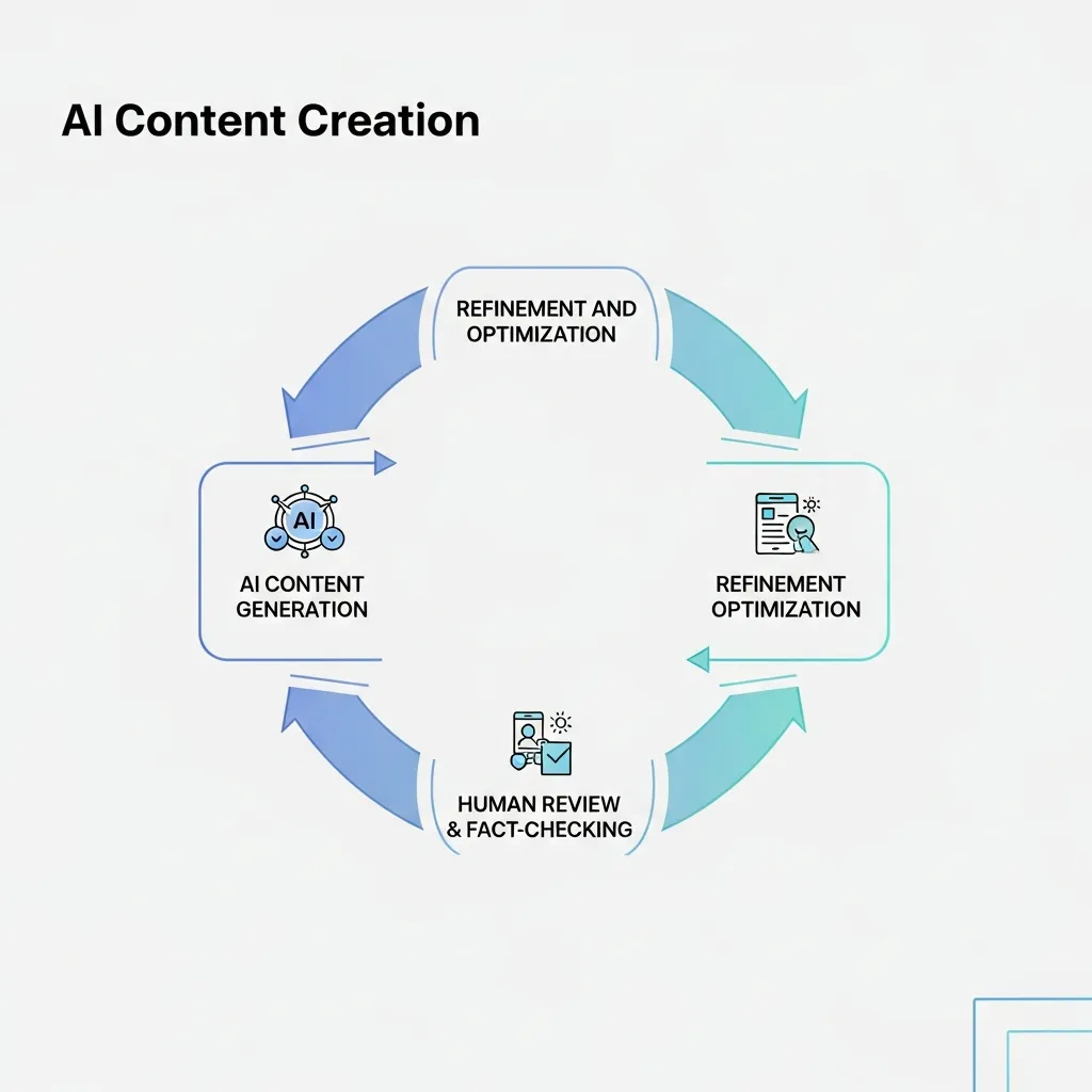 Diagram showing the iterative workflow of AI content generation, human review, and quality refinement.
