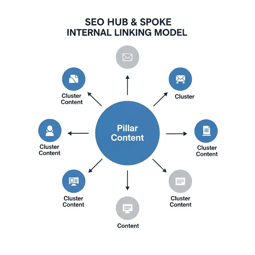 Diagram showing the SEO hub and spoke model with a central pillar page and cluster pages.