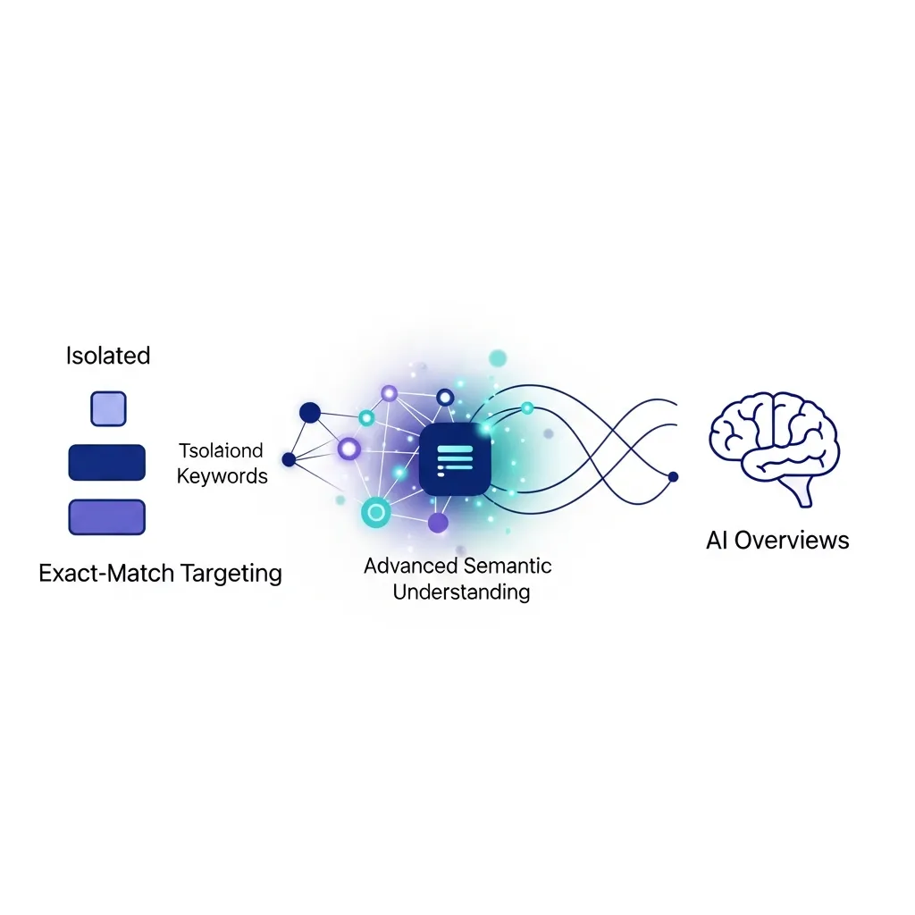 Diagram showing the shift from keyword-based SEO to semantic understanding and AI Overviews.