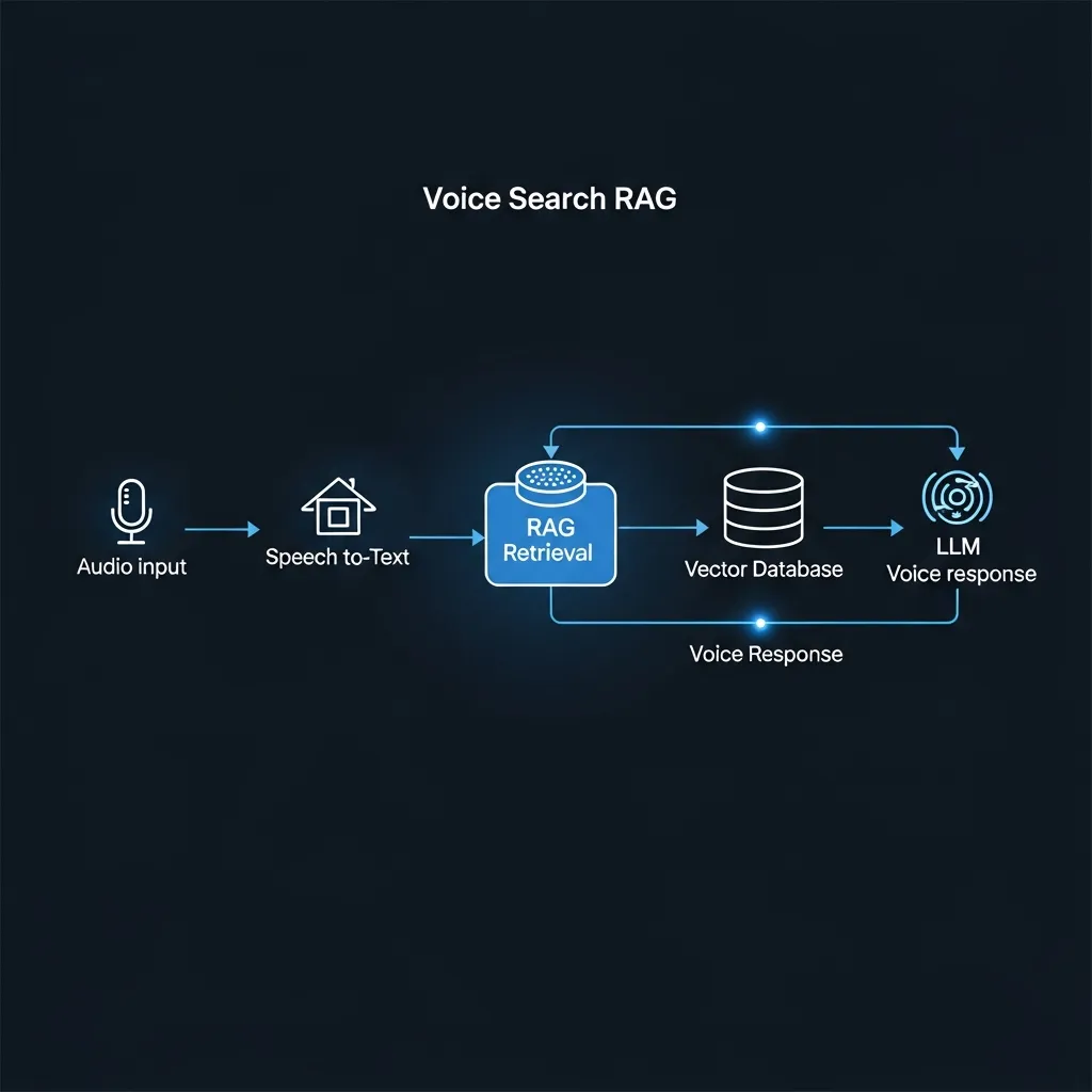 Diagram showing the voice search RAG pipeline from audio input to AI-generated conversational response.