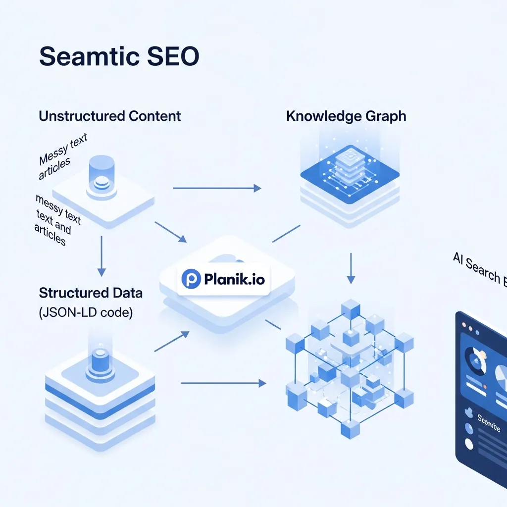 Diagram showing unstructured content transforming into structured data and knowledge graphs for AI search by Planik.io.