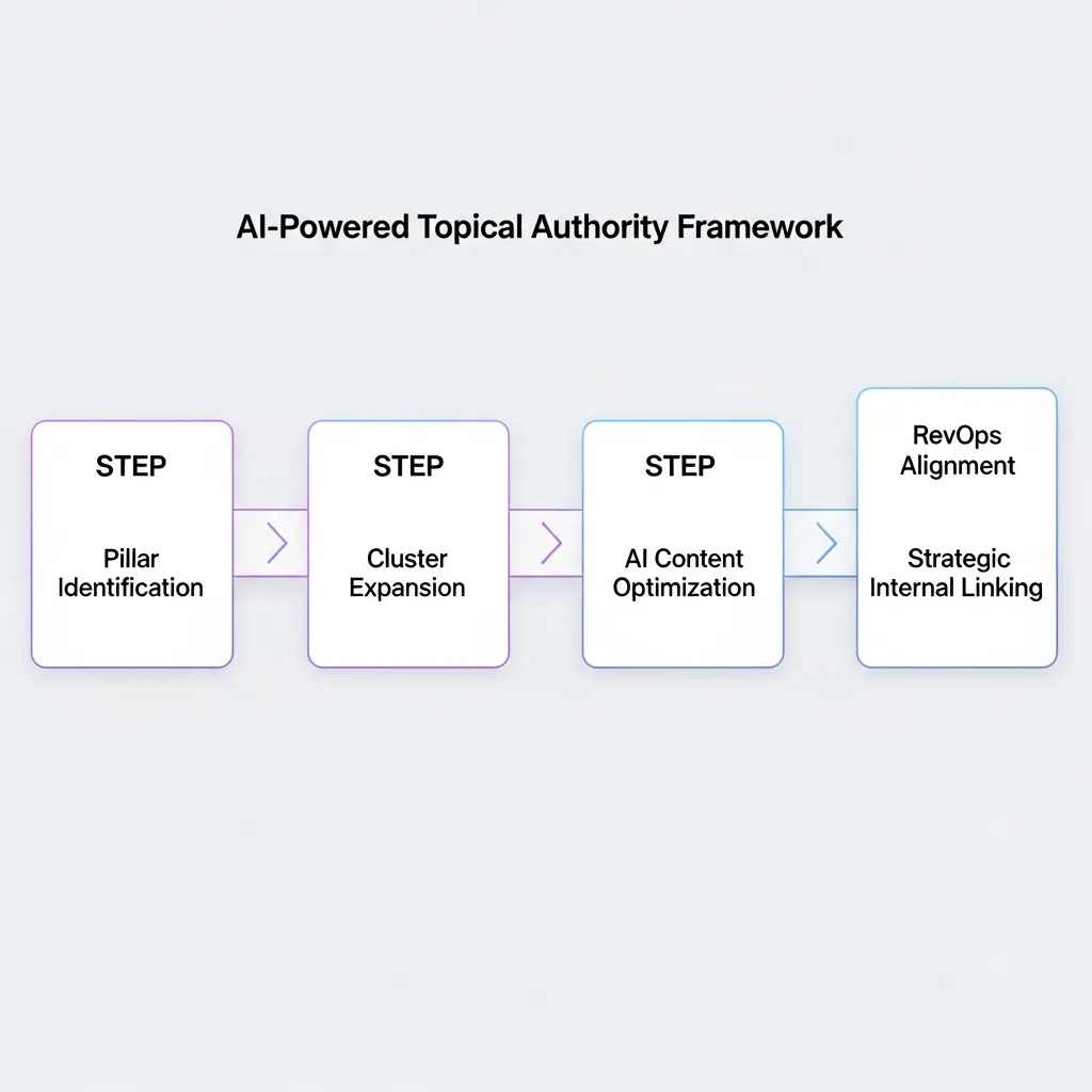 Five-step diagram of the AI-Powered Topical Authority Framework showing pillar identification through RevOps alignment.