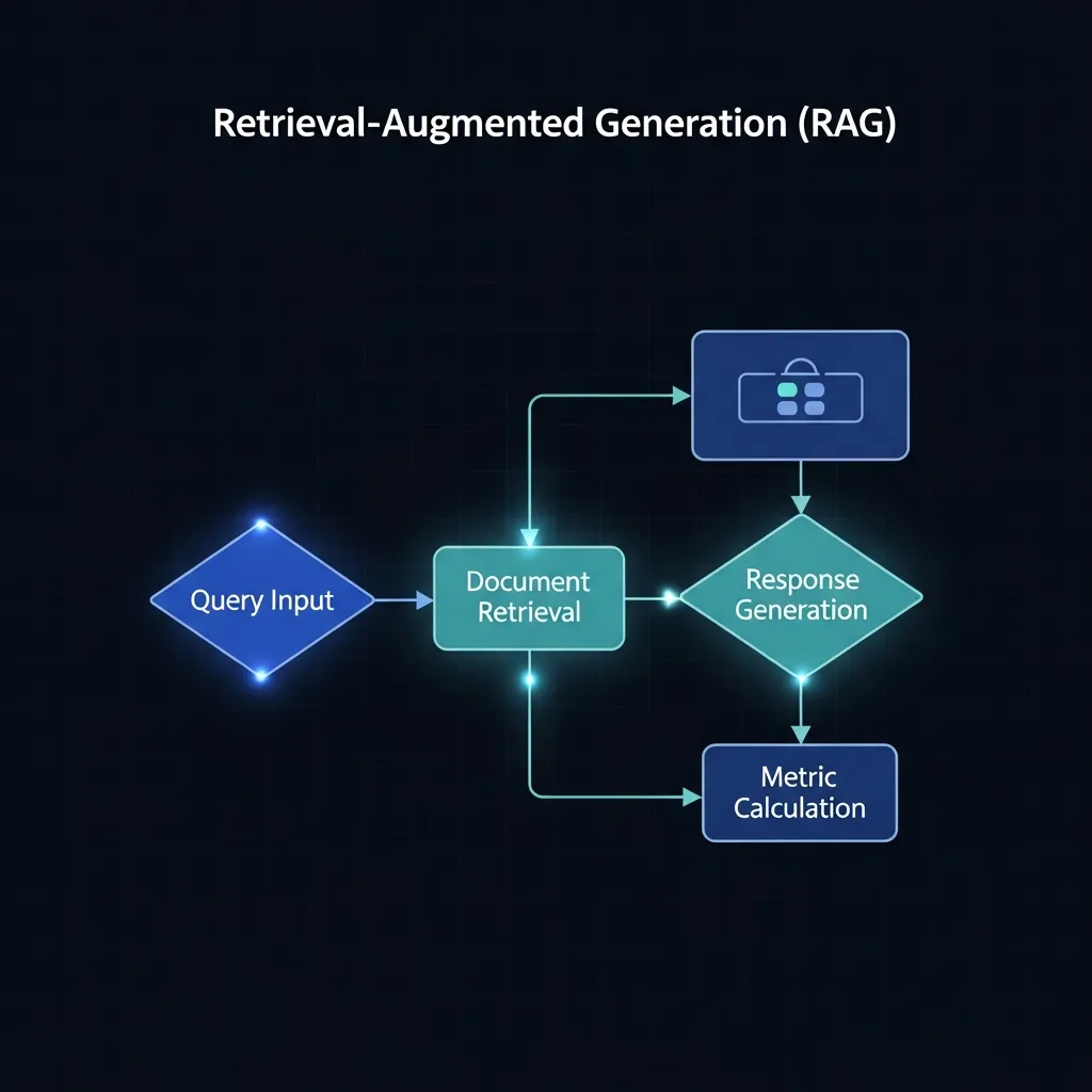 Flowchart diagram showing the RAG evaluation process from query input to final metric calculation.