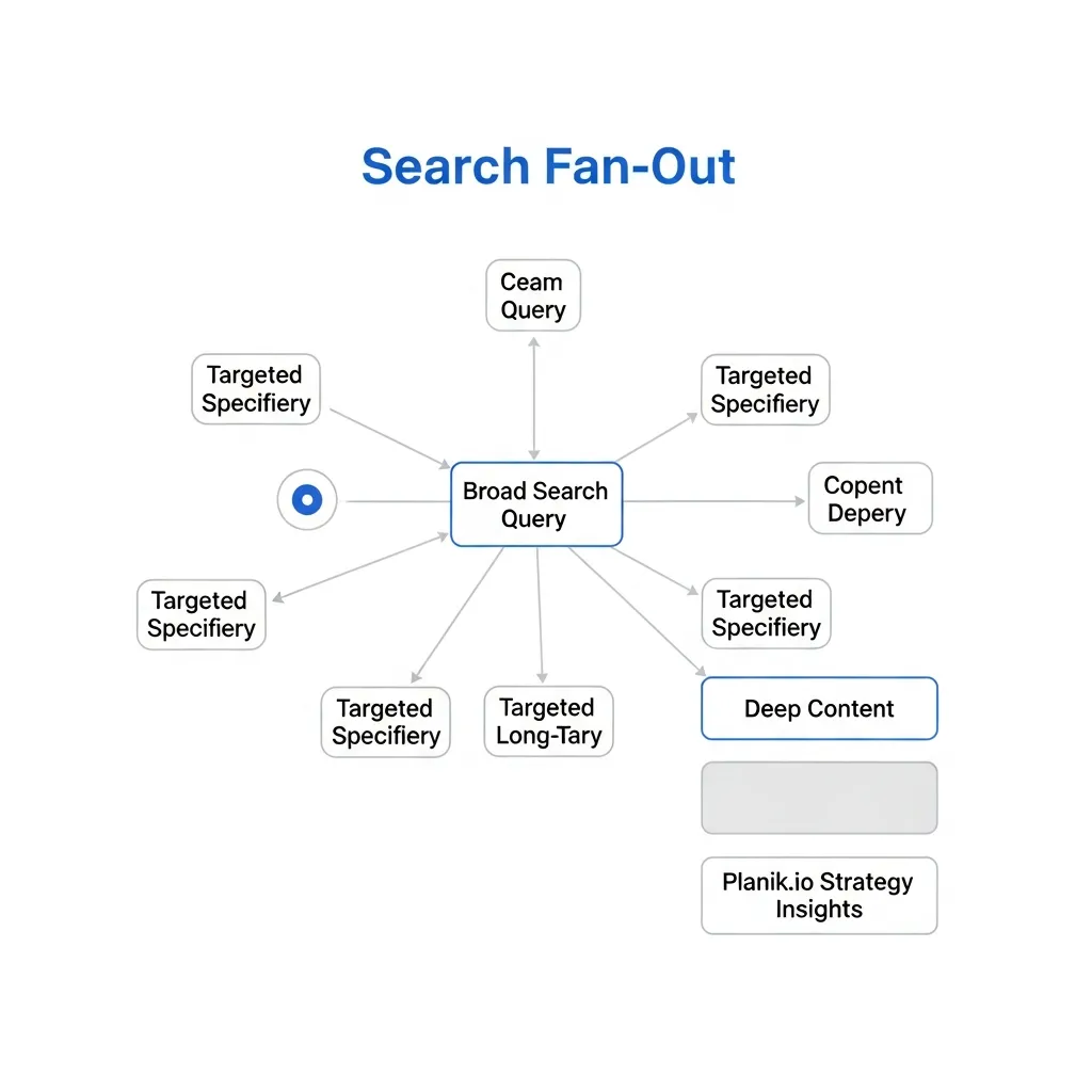 Flowchart illustrating a broad search query fanning out into specific sub-queries for SEO optimization and Planik.io insights.
