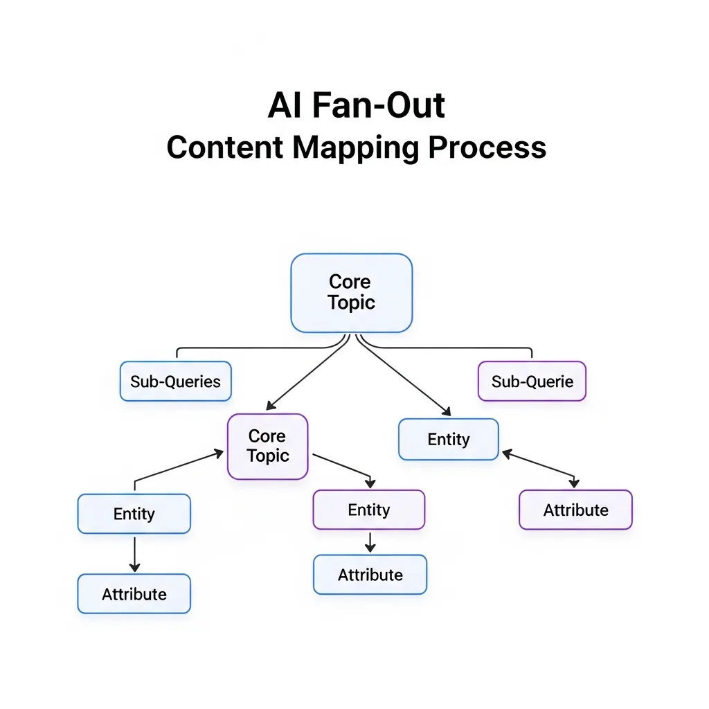Flowchart illustrating AI Fan-Out Content Mapping from core topics to sub-queries and entities.