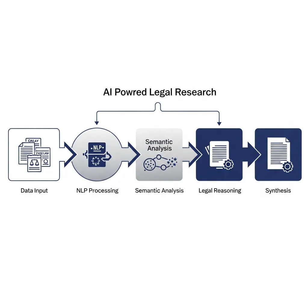 Flowchart illustrating AI-powered legal research stages from data input and processing to final document synthesis.
