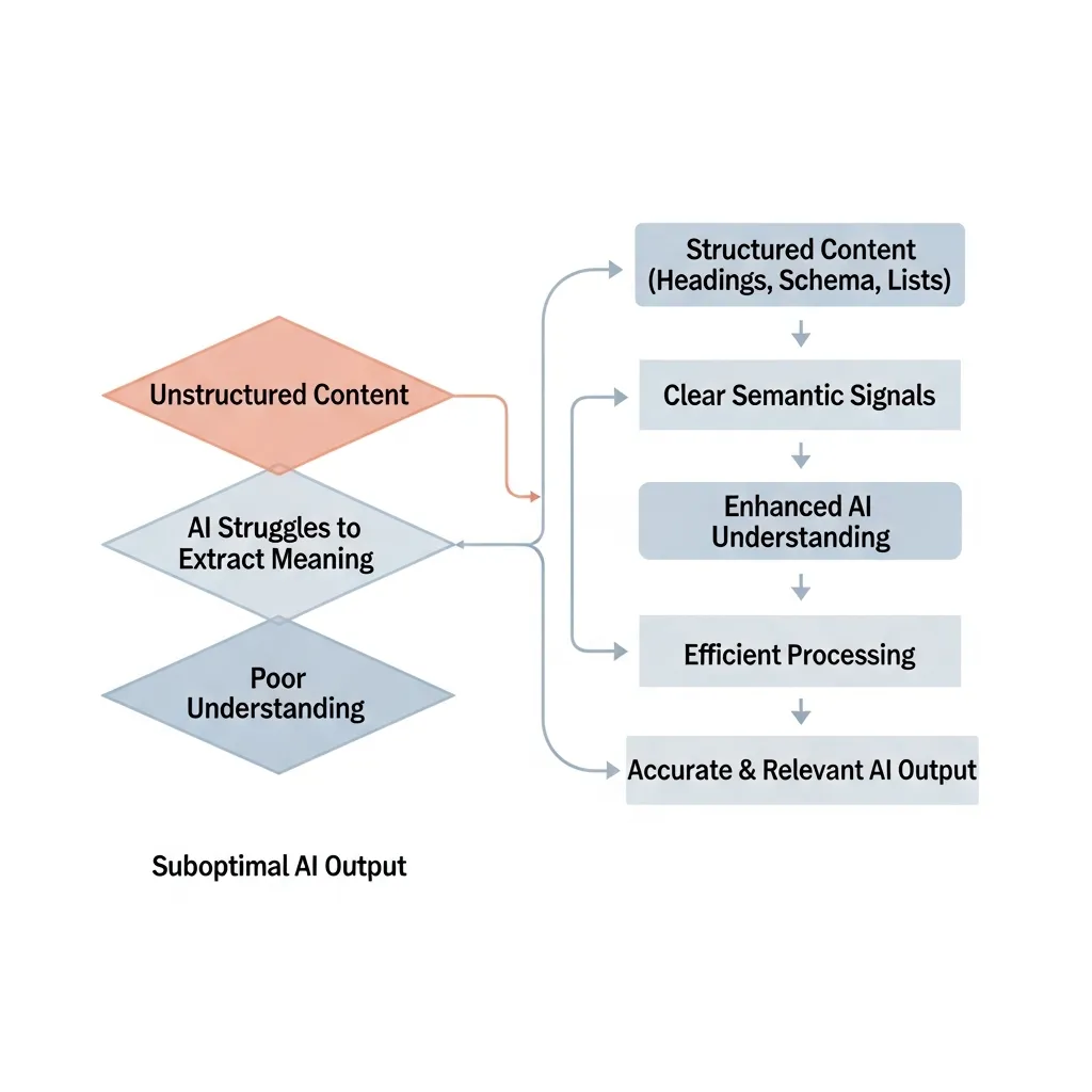 Flowchart illustrating how structured content with headings and schema improves AI understanding.