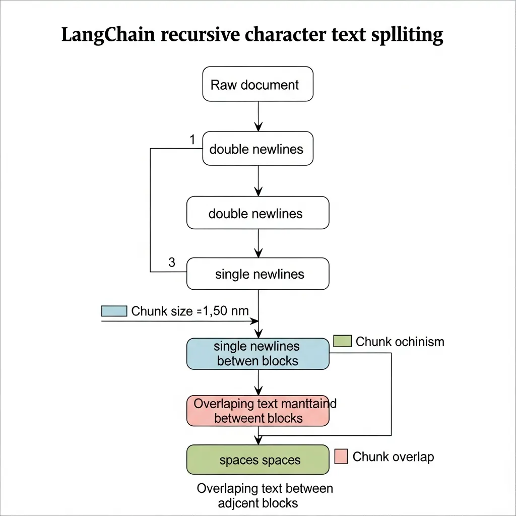 Flowchart illustrating LangChain recursive text splitting with hierarchical delimiters and chunk overlap for RAG retrieval.