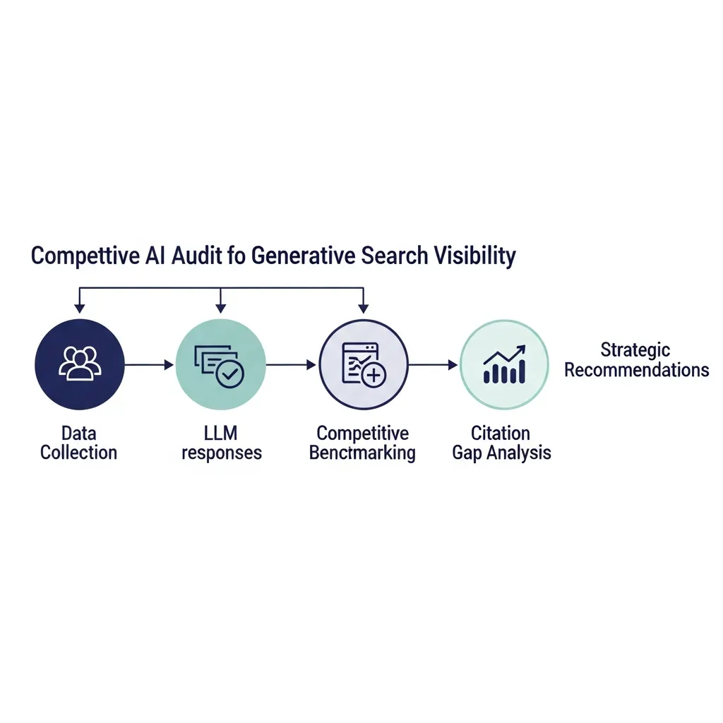 Flowchart illustrating the competitive AI audit process for increasing visibility in generative search results.