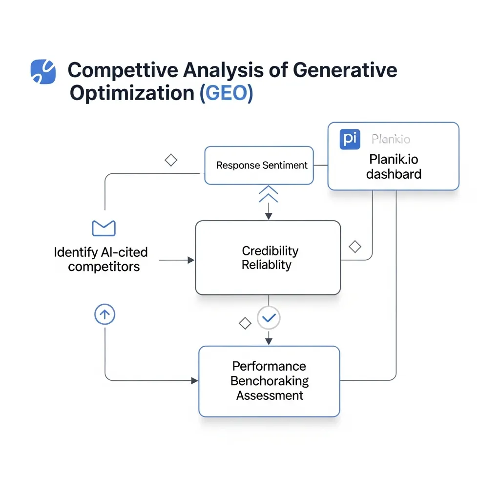 Flowchart illustrating the competitive analysis process for Generative Engine Optimization and AI visibility using Planik.io.