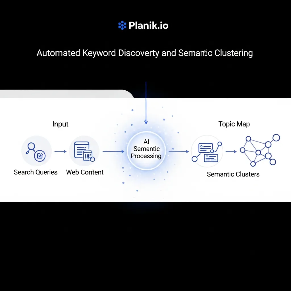 Flowchart illustrating the Planik.io AI-driven keyword discovery and semantic clustering process for SEO analysis.
