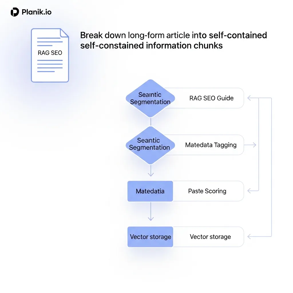 Flowchart illustrating the Planik.io process for chunking long-form articles for RAG SEO optimization.