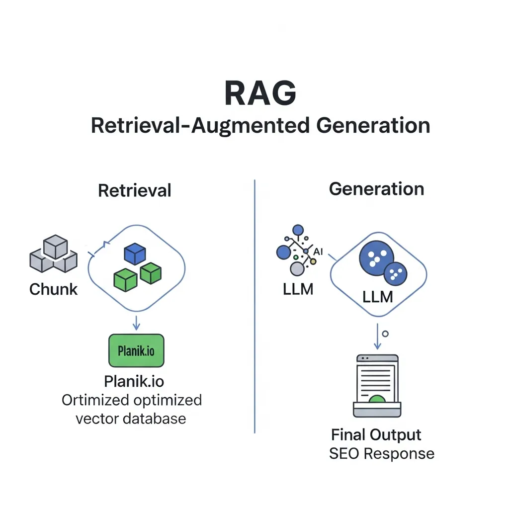 Flowchart illustrating the two-step RAG process of retrieval and generation for Planik.io content strategy optimization.