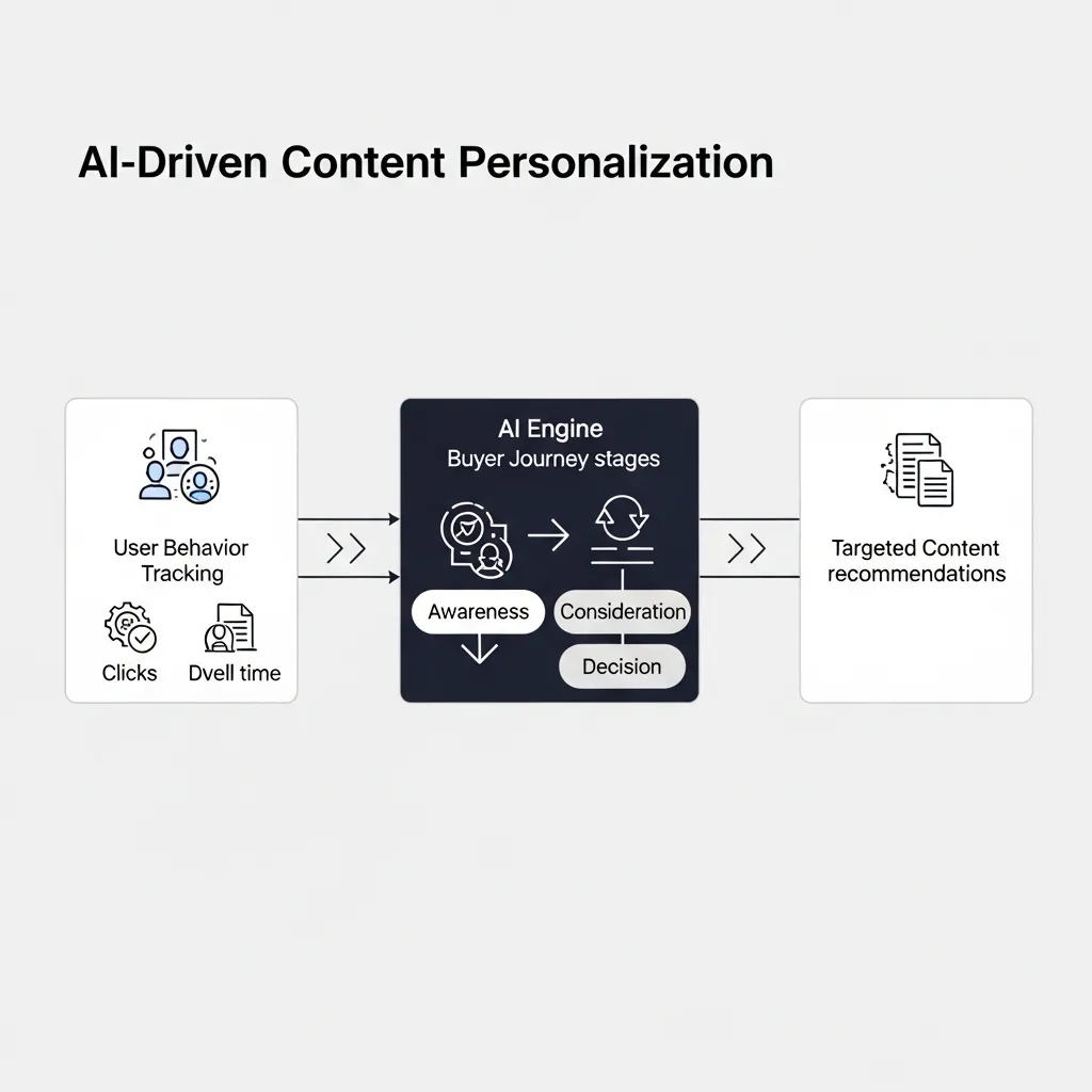 Flowchart showing AI mapping user behavior to buyer journey stages for personalized content recommendations.