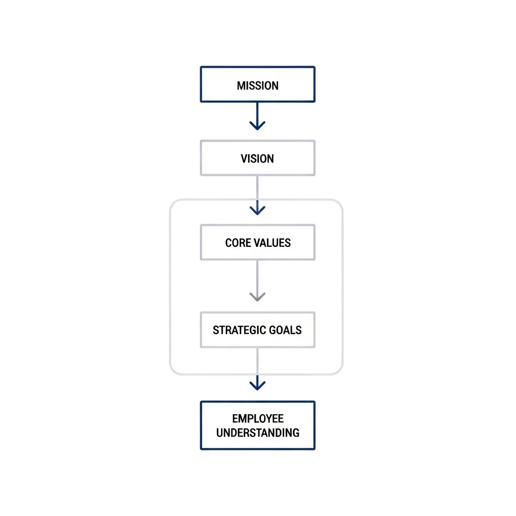 Flowchart showing alignment of brand mission, vision, and values with employee understanding for strategic consistency.