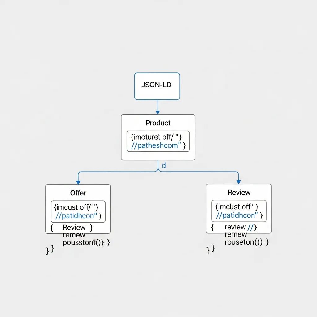 Flowchart showing nested JSON-LD schema hierarchy with Product, Offer, and Review entities for SEO.